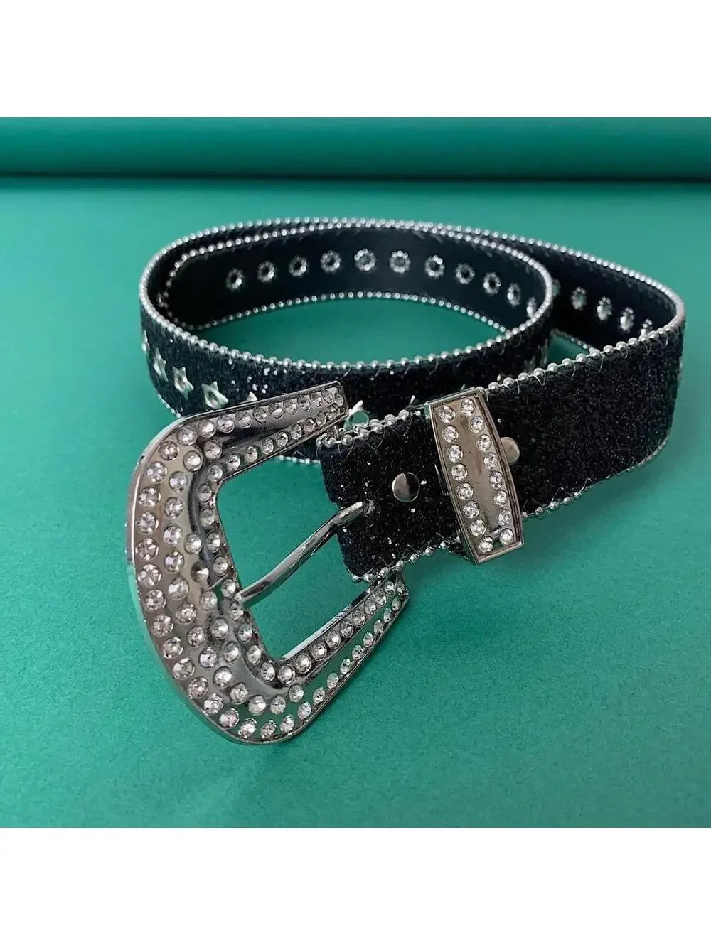 Cyber 2000s Y2k Style Studded Black and Silver 2-Tone Rhinestone belt. Cool